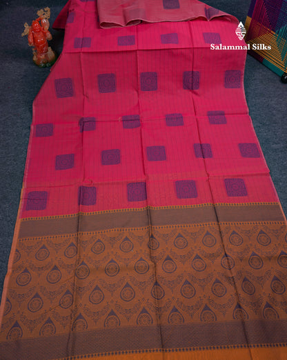 Beautiful Light Peach Fancy Kora Cotton Saree With Contrast Parrot Green Blouse