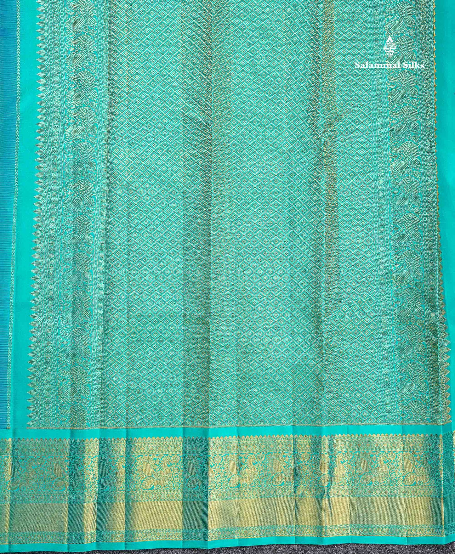 Pure Kanjivaram Silk Saree - Royal Blue Colour Body Checks With Butta & Contrast Sea Green Border