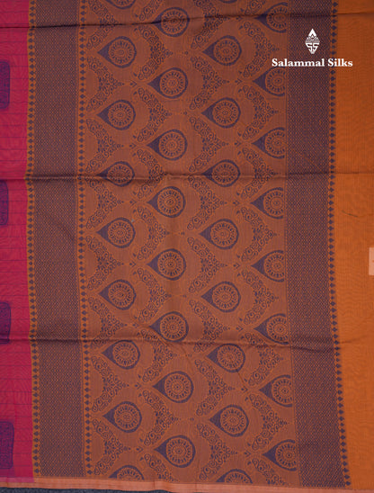 Beautiful Light Peach Fancy Kora Cotton Saree With Contrast Parrot Green Blouse