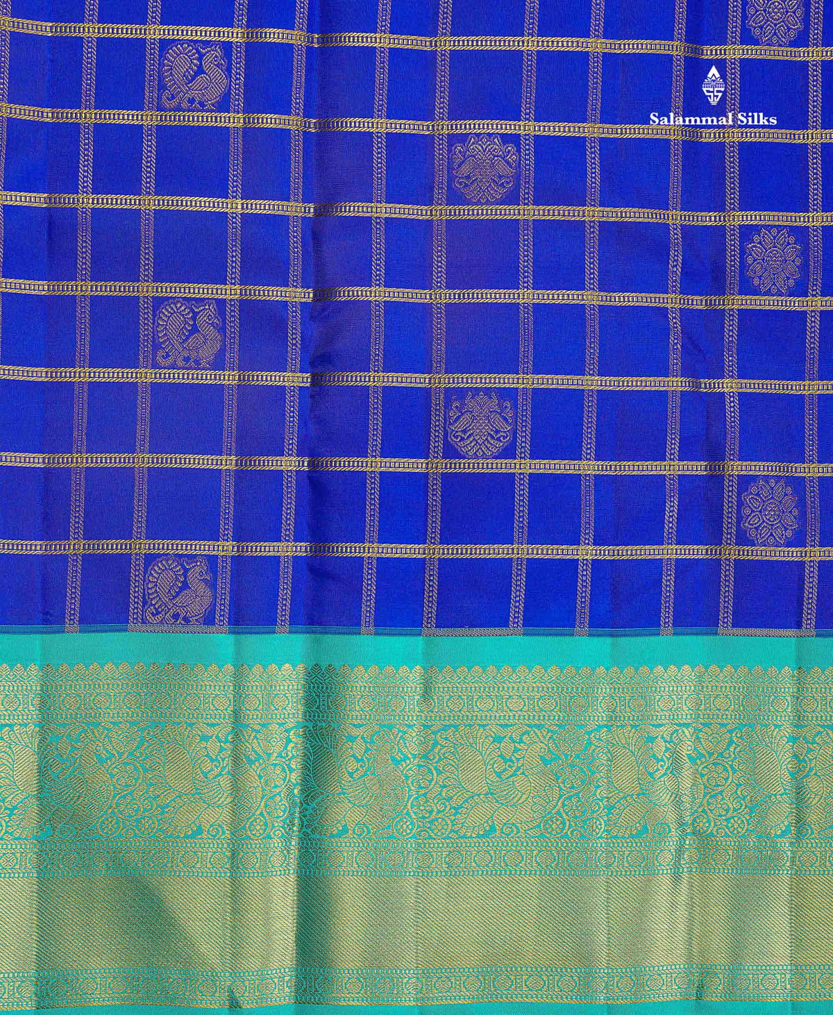Pure Kanjivaram Silk Saree - Royal Blue Colour Body Checks With Butta & Contrast Sea Green Border