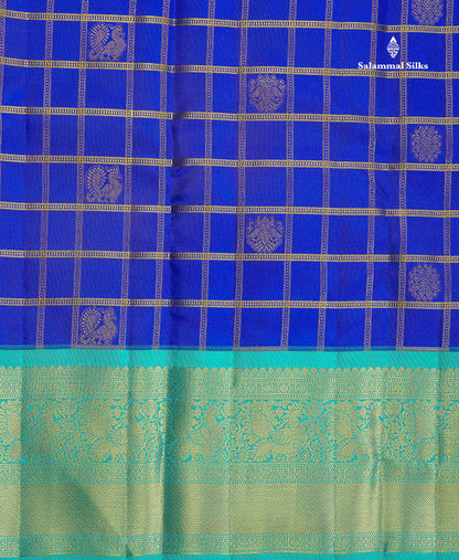 Pure Kanjivaram Silk Saree - Royal Blue Colour Body Checks With Butta & Contrast Sea Green Border