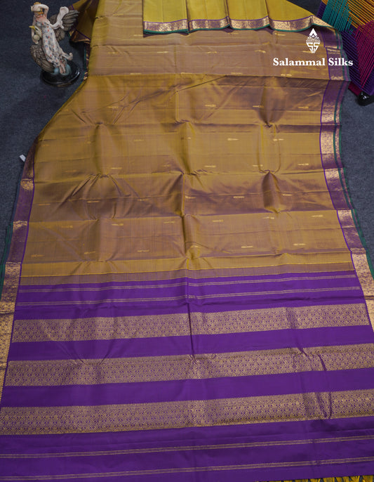 Olive Mustard Yellow Pure Kanjivaram Silk Saree With Contrast Dark Purple Small Traditional Border