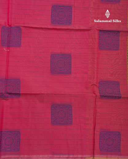 Beautiful Light Peach Fancy Kora Cotton Saree With Contrast Parrot Green Blouse