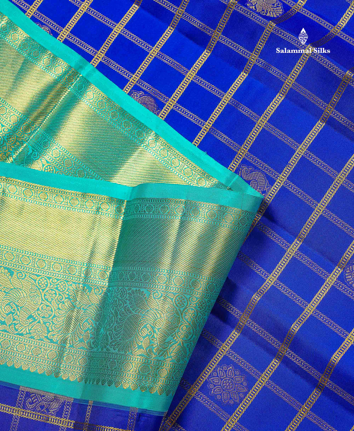Pure Kanjivaram Silk Saree - Royal Blue Colour Body Checks With Butta & Contrast Sea Green Border
