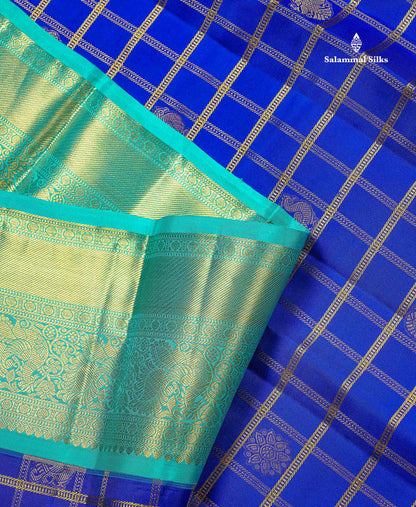 Pure Kanjivaram Silk Saree - Royal Blue Colour Body Checks With Butta & Contrast Sea Green Border