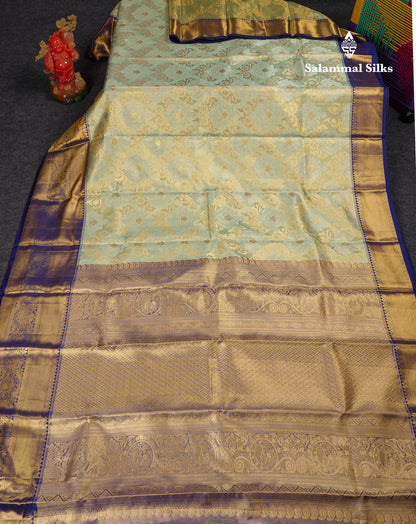 Beautiful Light Pista Green Tissue Bridal Pure Kanjivaram Silk Saree With Contrast Navy Blue Traditional Evening Morning Border