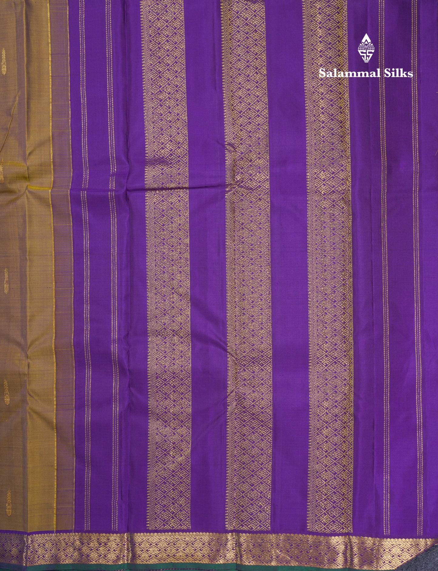 Olive Mustard Yellow Pure Kanjivaram Silk Saree With Contrast Dark Purple Small Traditional Border