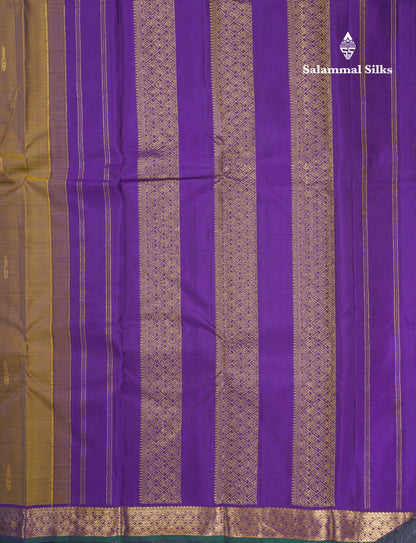 Olive Mustard Yellow Pure Kanjivaram Silk Saree With Contrast Dark Purple Small Traditional Border