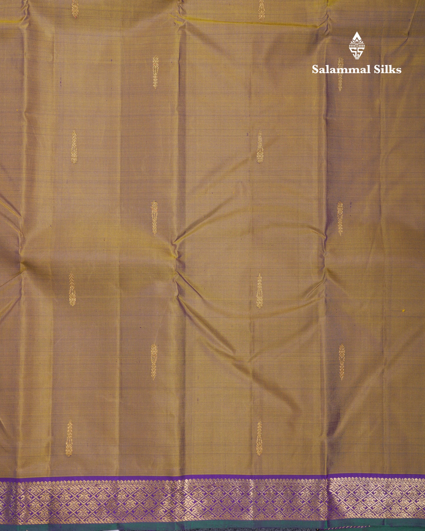 Olive Mustard Yellow Pure Kanjivaram Silk Saree With Contrast Dark Purple Small Traditional Border