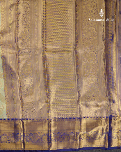 Beautiful Light Pista Green Tissue Bridal Pure Kanjivaram Silk Saree With Contrast Navy Blue Traditional Evening Morning Border