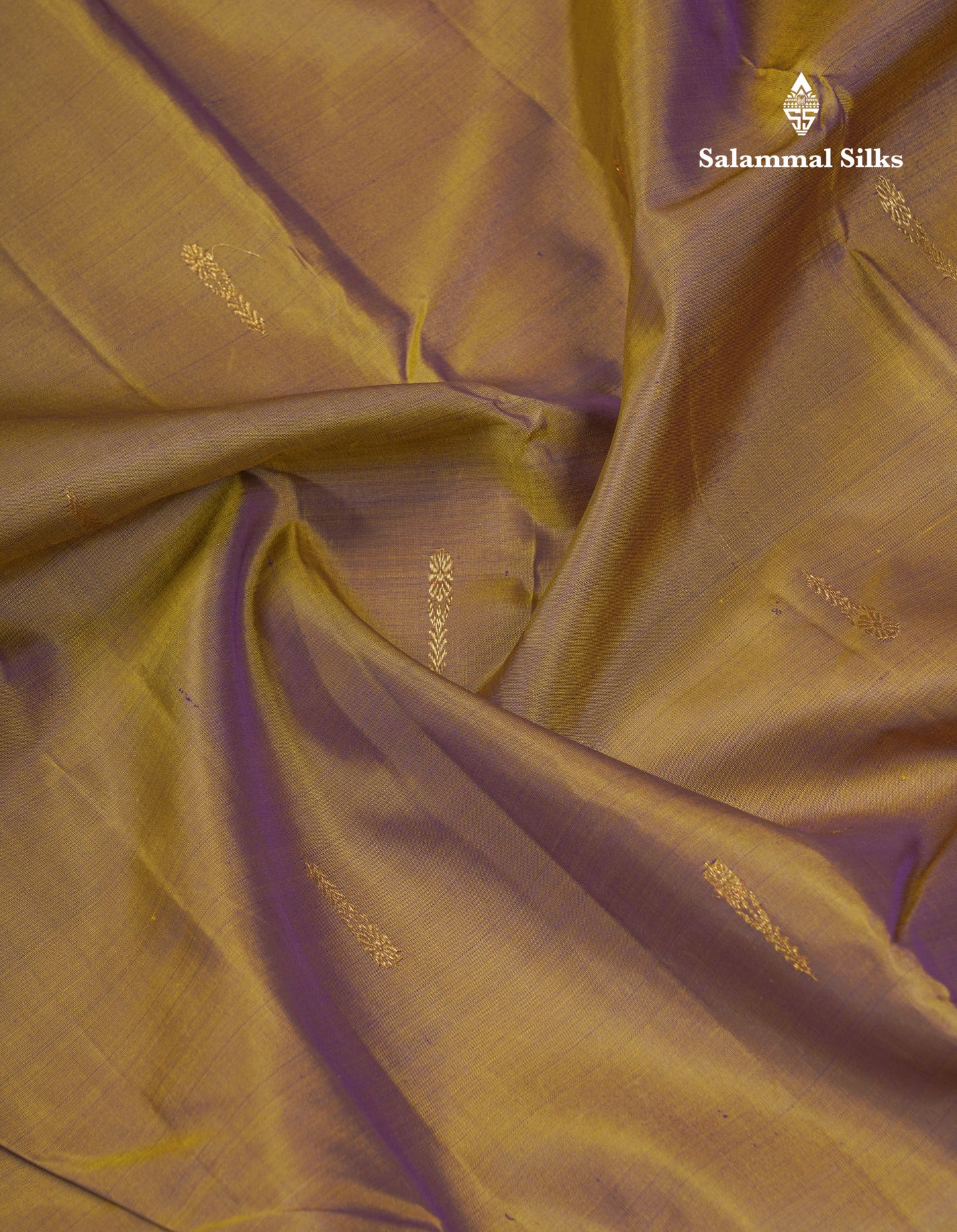 Olive Mustard Yellow Pure Kanjivaram Silk Saree With Contrast Dark Purple Small Traditional Border