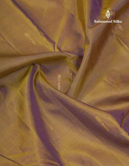 Olive Mustard Yellow Pure Kanjivaram Silk Saree With Contrast Dark Purple Small Traditional Border