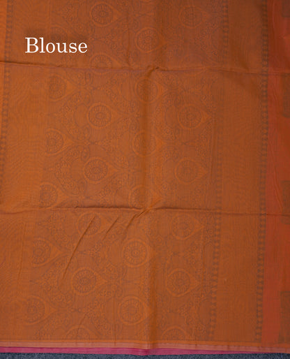 Beautiful Light Peach Fancy Kora Cotton Saree With Contrast Parrot Green Blouse