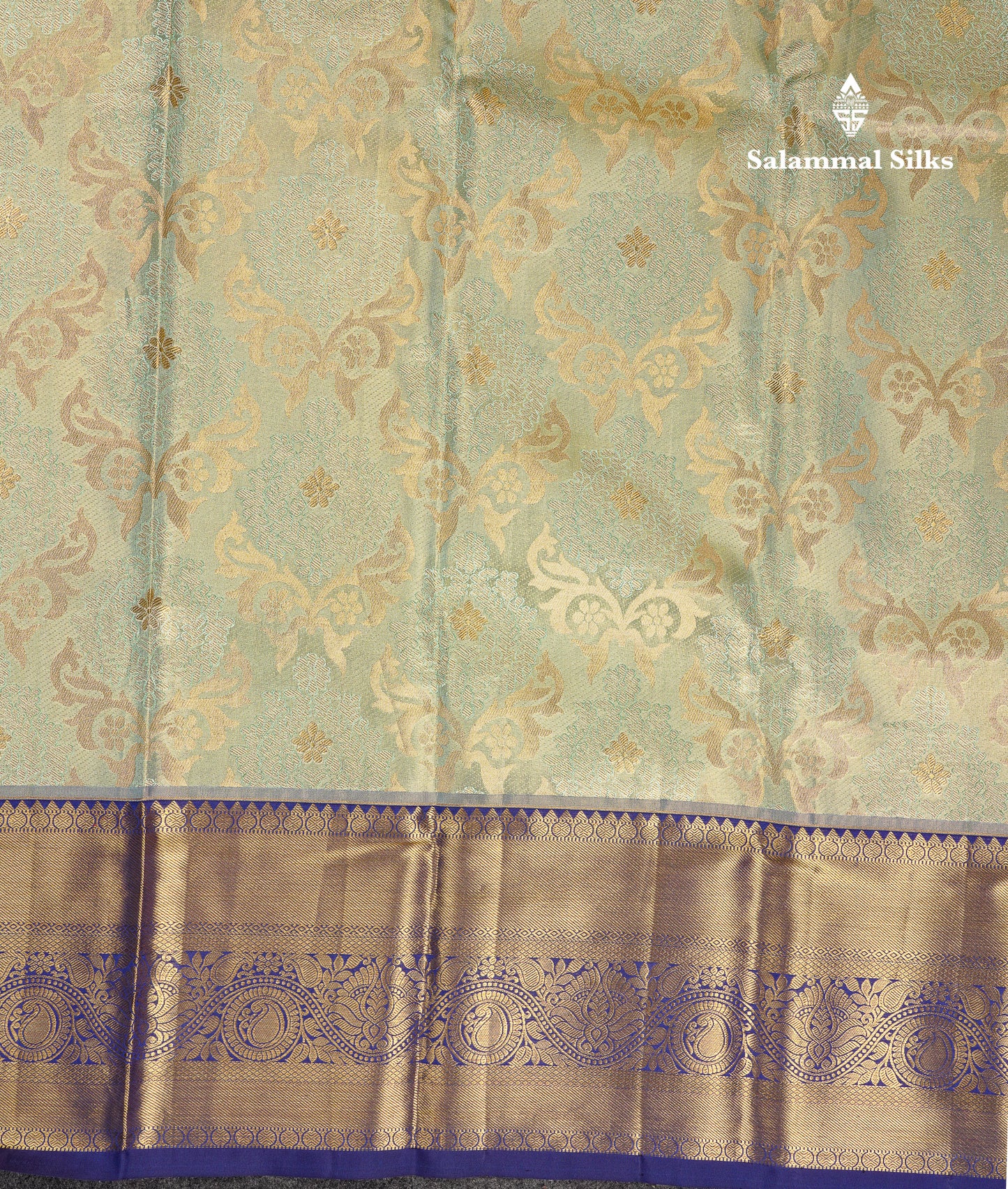 Beautiful Light Pista Green Tissue Bridal Pure Kanjivaram Silk Saree With Contrast Navy Blue Traditional Evening Morning Border