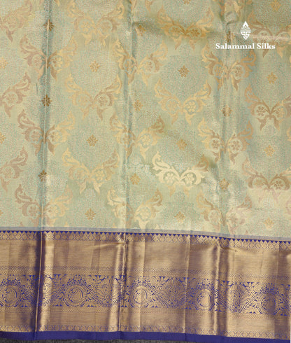Beautiful Light Pista Green Tissue Bridal Pure Kanjivaram Silk Saree With Contrast Navy Blue Traditional Evening Morning Border