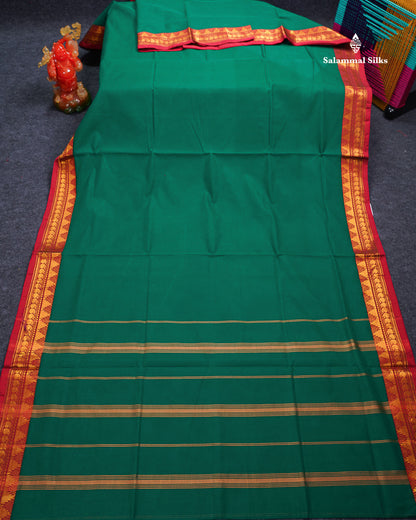 Beautiful Dual Tone Blue Plain Pure Cotton Saree With Contrast Red Traditional Border