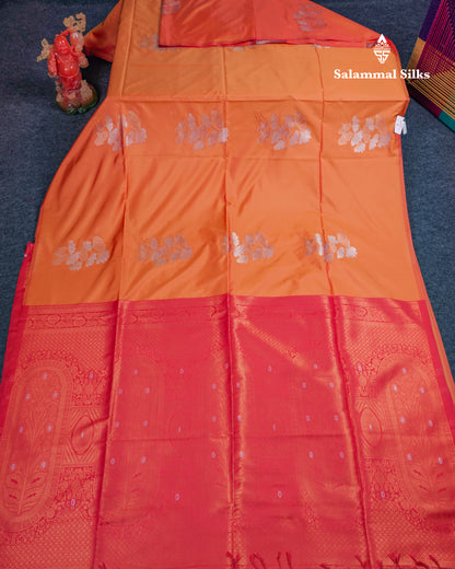 Beautiful Light Orange Semi Soft Silk Saree With Contrast Tomato Red Blouse