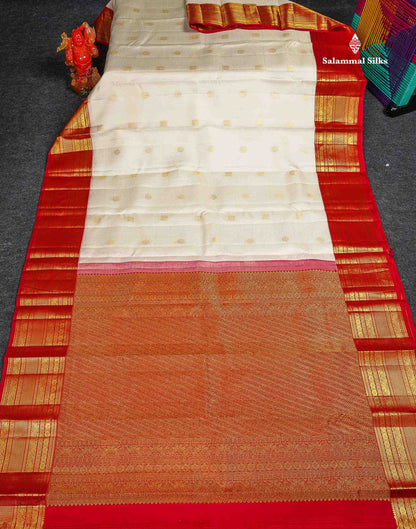 Korvai Pure Kanjivaram Silk Saree - Half White Colour Body Small Zari Checks With Butta & Contrast Chilly Red Traditional Border 