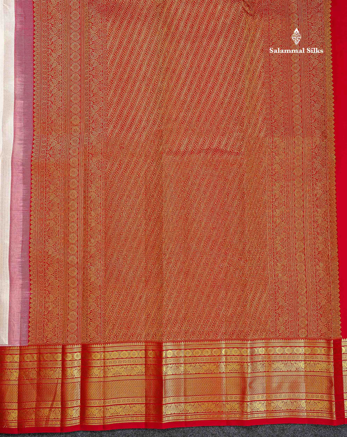Korvai Pure Kanjivaram Silk Saree - Half White Colour Body Small Zari Checks With Butta & Contrast Chilly Red Traditional Border
