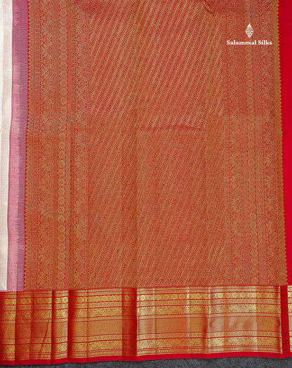 Korvai Pure Kanjivaram Silk Saree - Half White Colour Body Small Zari Checks With Butta & Contrast Chilly Red Traditional Border
