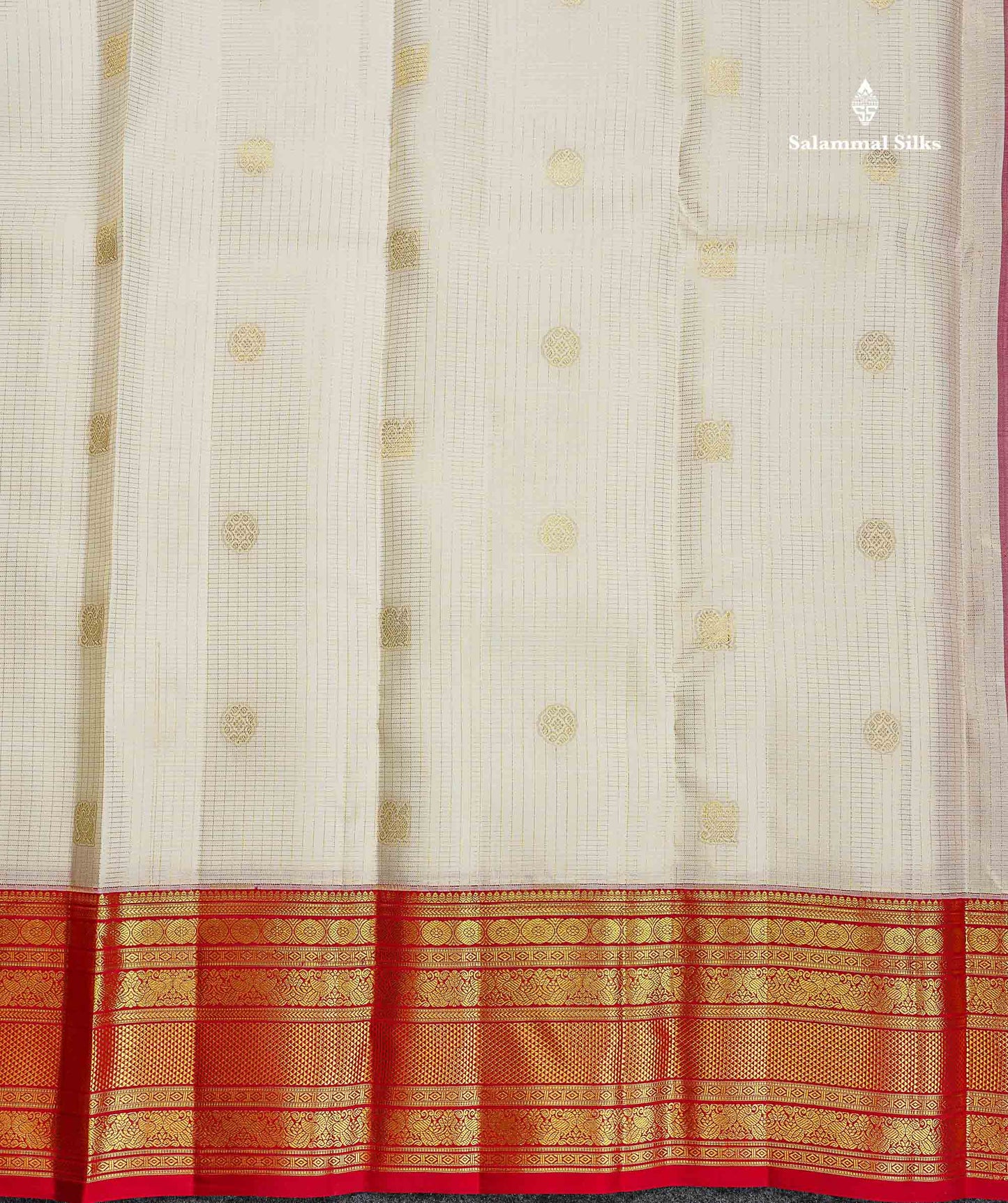 Korvai Pure Kanjivaram Silk Saree - Half White Colour Body Small Zari Checks With Butta & Contrast Chilly Red Traditional Border