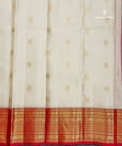Korvai Pure Kanjivaram Silk Saree - Half White Colour Body Small Zari Checks With Butta & Contrast Chilly Red Traditional Border