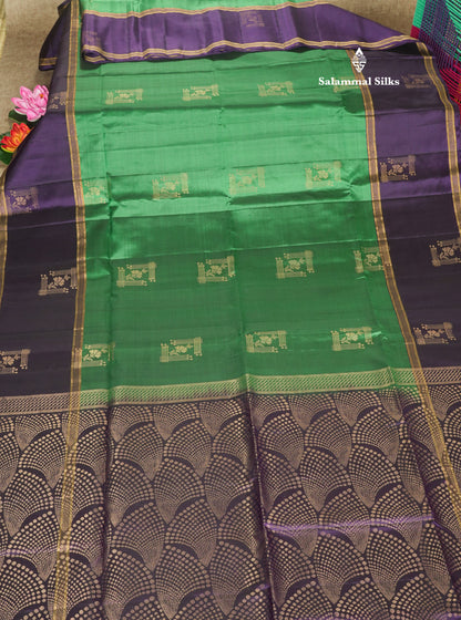 Green Kanjivaram Pure Soft Silk Saree With Contrast Violet Double Border