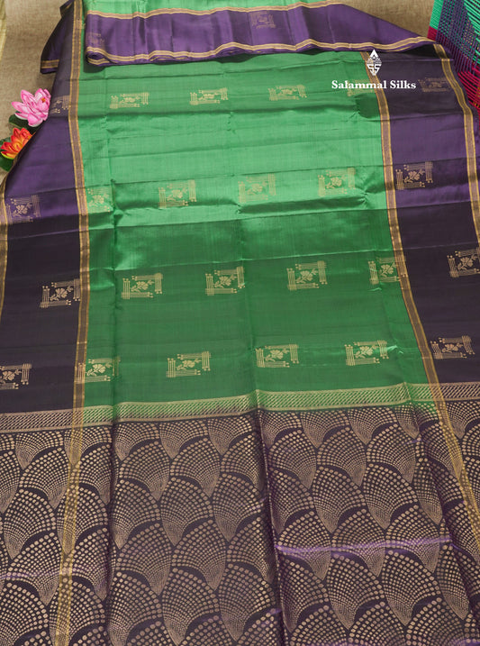 Green Kanjivaram Pure Soft Silk Saree With Contrast Violet Double Border