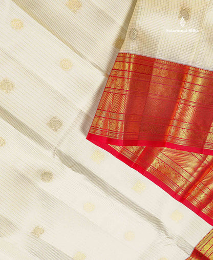 Korvai Pure Kanjivaram Silk Saree - Half White Colour Body Small Zari Checks With Butta & Contrast Chilly Red Traditional Border