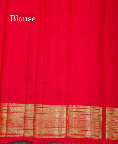 Korvai Pure Kanjivaram Silk Saree - Half White Colour Body Small Zari Checks With Butta & Contrast Chilly Red Traditional Border