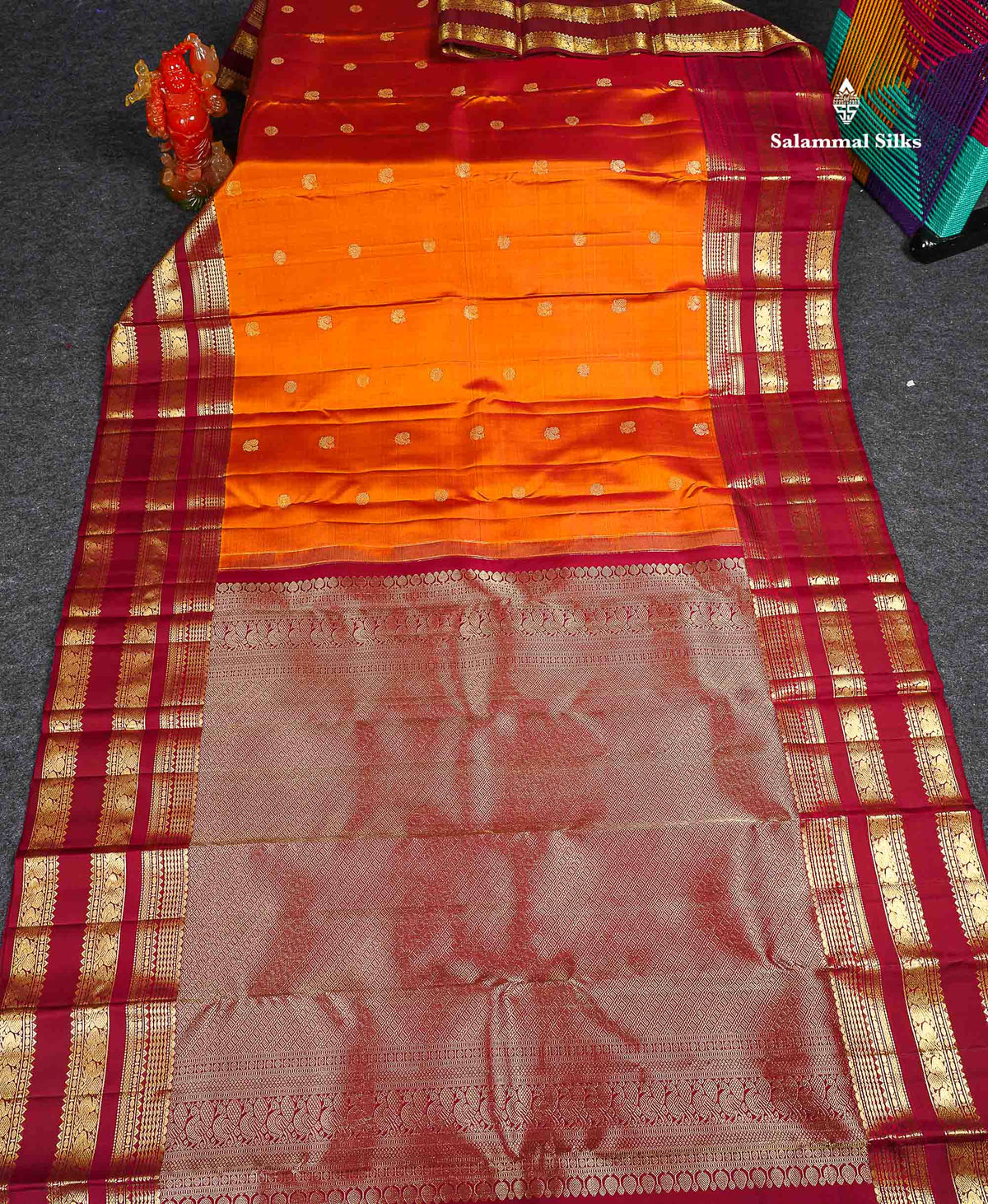 Pure Kanjivaram Silk Saree - Rust Orange Colour Body Zari Butta With Contrast Maroon Gap Border