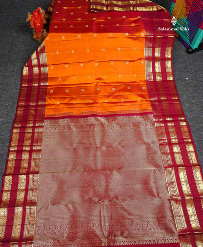 Pure Kanjivaram Silk Saree - Rust Orange Colour Body Zari Butta With Contrast Maroon Gap Border