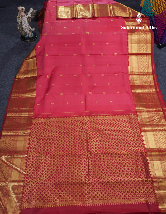 Dual Tone Pinkish Peach Pure Kanjivaram Silk Saree With Contrast Maroon Traditional Border