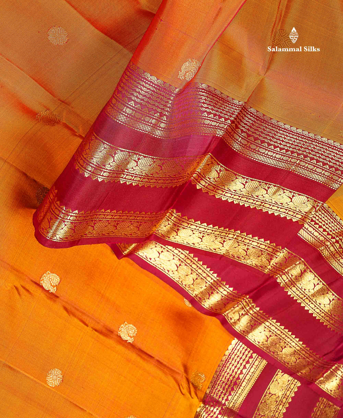 Pure Kanjivaram Silk Saree - Rust Orange Colour Body Zari Butta With Contrast Maroon Gap Border