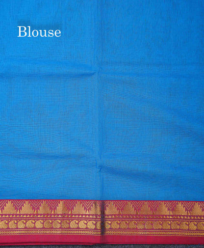Beautiful Anandha Blue Plain Pure Cotton Saree With Contrast Maroon Traditional Temple Border