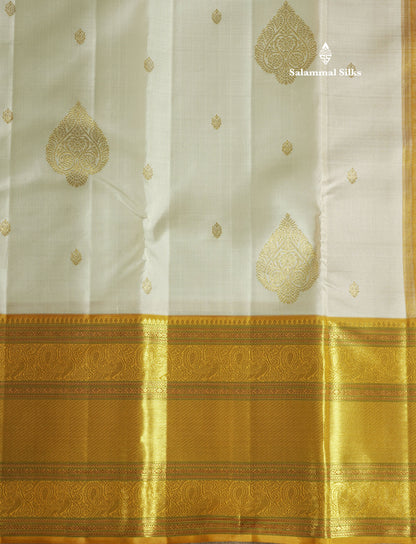 Half White Korvai Beautiful Pure Kanjivaram Silk Saree with Contrast Mustard Yellow Traditional Border
