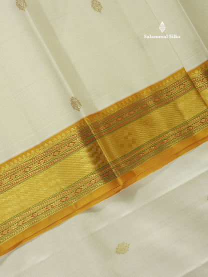 Half White Korvai Beautiful Pure Kanjivaram Silk Saree with Contrast Mustard Yellow Traditional Border