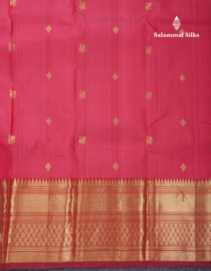 Dual Tone Pinkish Peach Pure Kanjivaram Silk Saree With Contrast Maroon Traditional Border