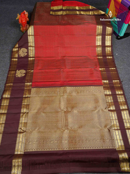 Pure Kanjivaram Silk Saree - Dark Maroon Colour Body With Contrast Dark Brown Traditional Evening Morning Border