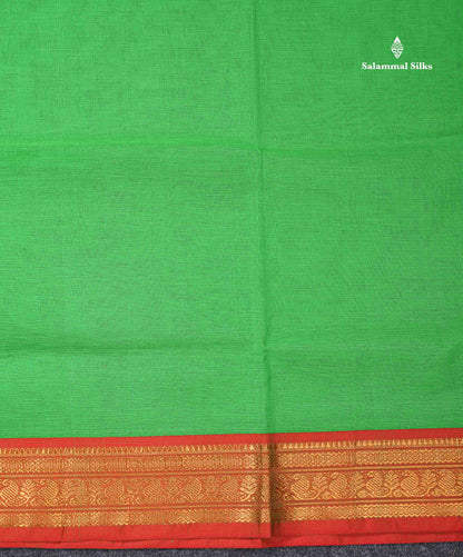 Beautiful Parrot Green Plain Pure Cotton Saree With Contrast Orange Traditional Border