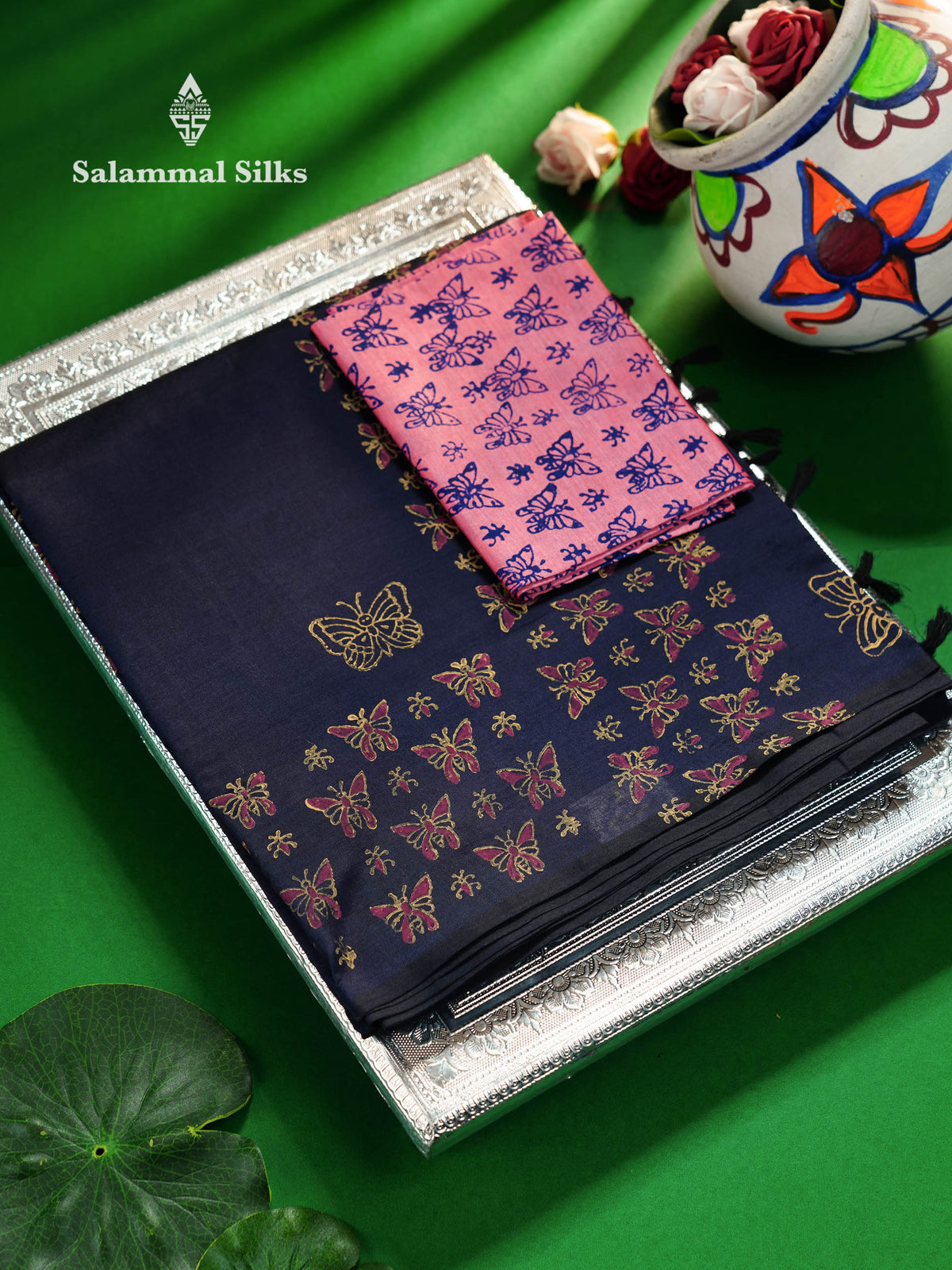 Beautiful Navy Blue Printed South Cotton Saree With Contrast Light Pink Blouse