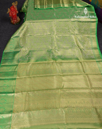 Beautiful Light Green Tissue Bridal Pure Kanjivaram Silk Saree With Contrast Rexona Green Traditional Evening Morning Border