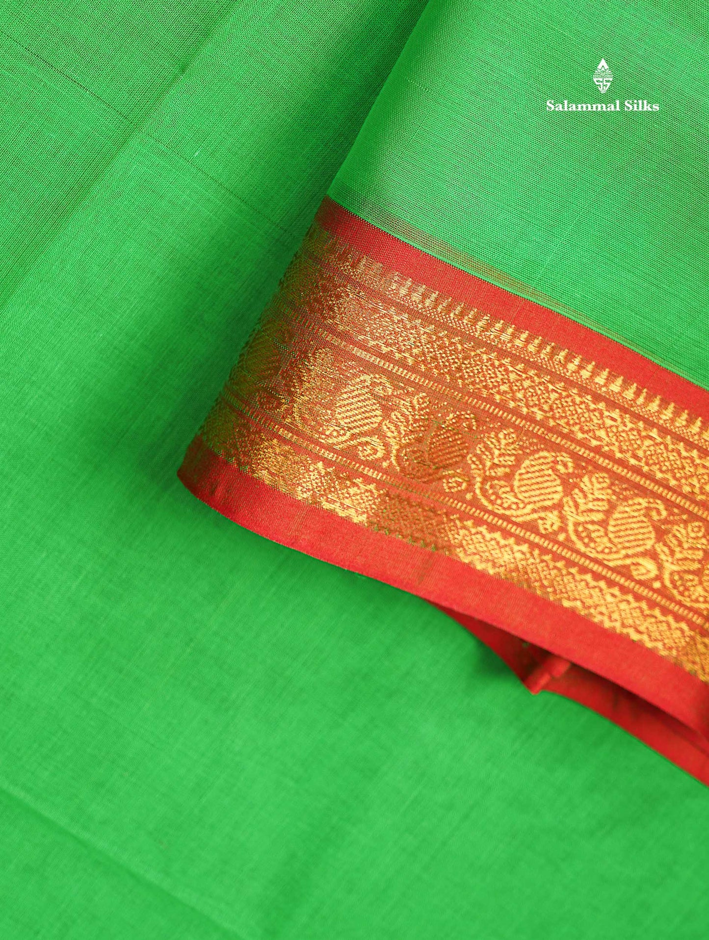 Beautiful Parrot Green Plain Pure Cotton Saree With Contrast Orange Traditional Border