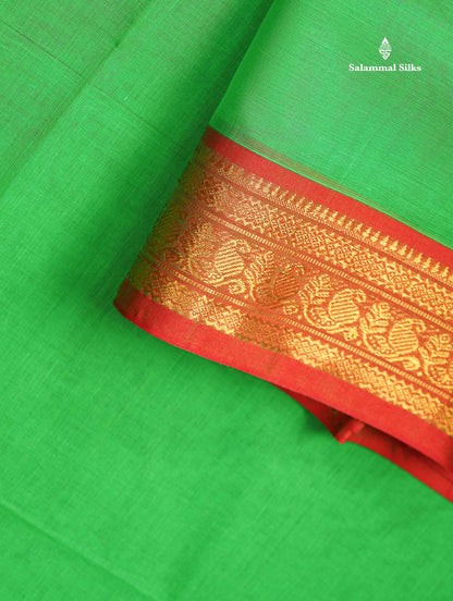 Beautiful Parrot Green Plain Pure Cotton Saree With Contrast Orange Traditional Border