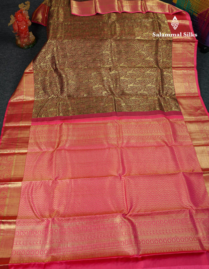 Beautiful Dark Brown Bridal Pure Kanjivaram Silk Saree With Contract Light Pink Traditional Border