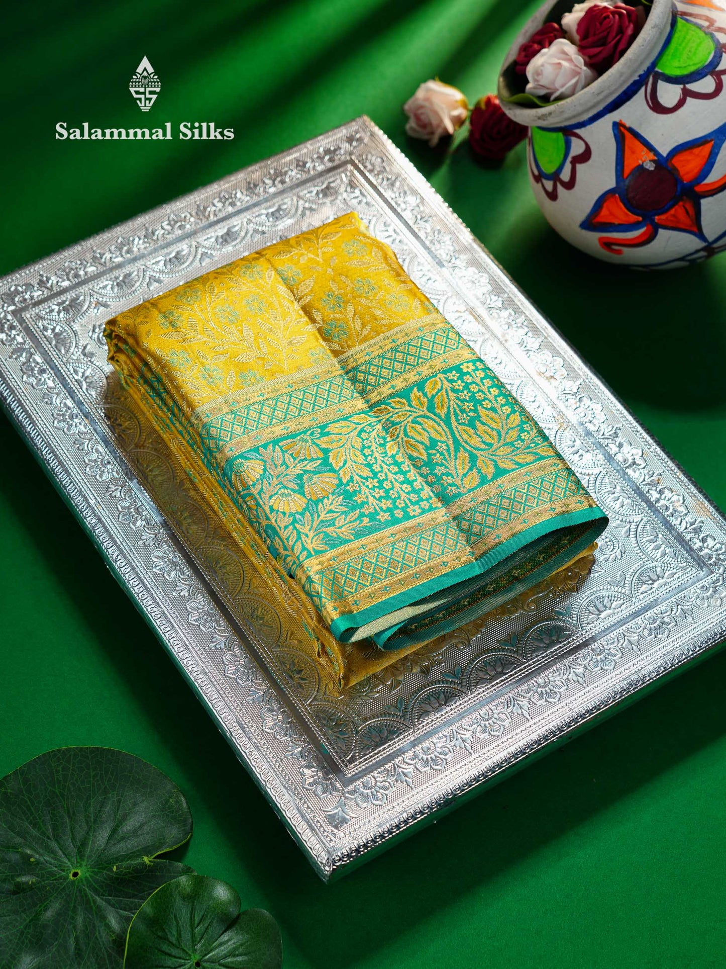 Beautiful Golden Yellow Tissue Bridal Pure Kanjivaram Silk Saree With Contrast Sapphire Green Fancy Border