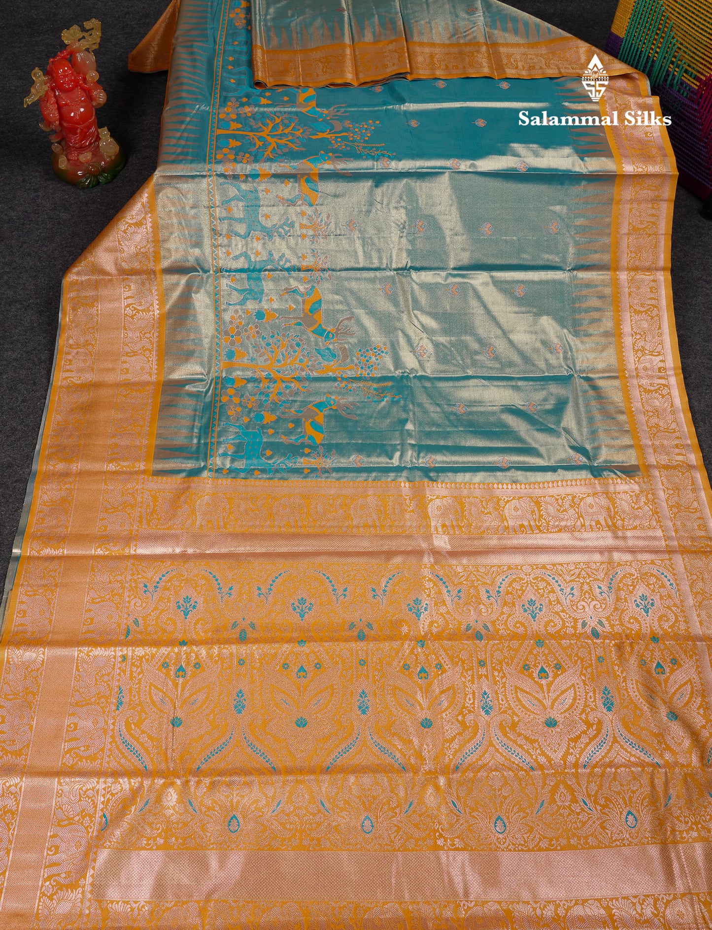 Beautiful Blue Menakari Work Tissue Semi Silk Saree With Contrast Mustard Yellow Traditional Temple Evening Morning Border
