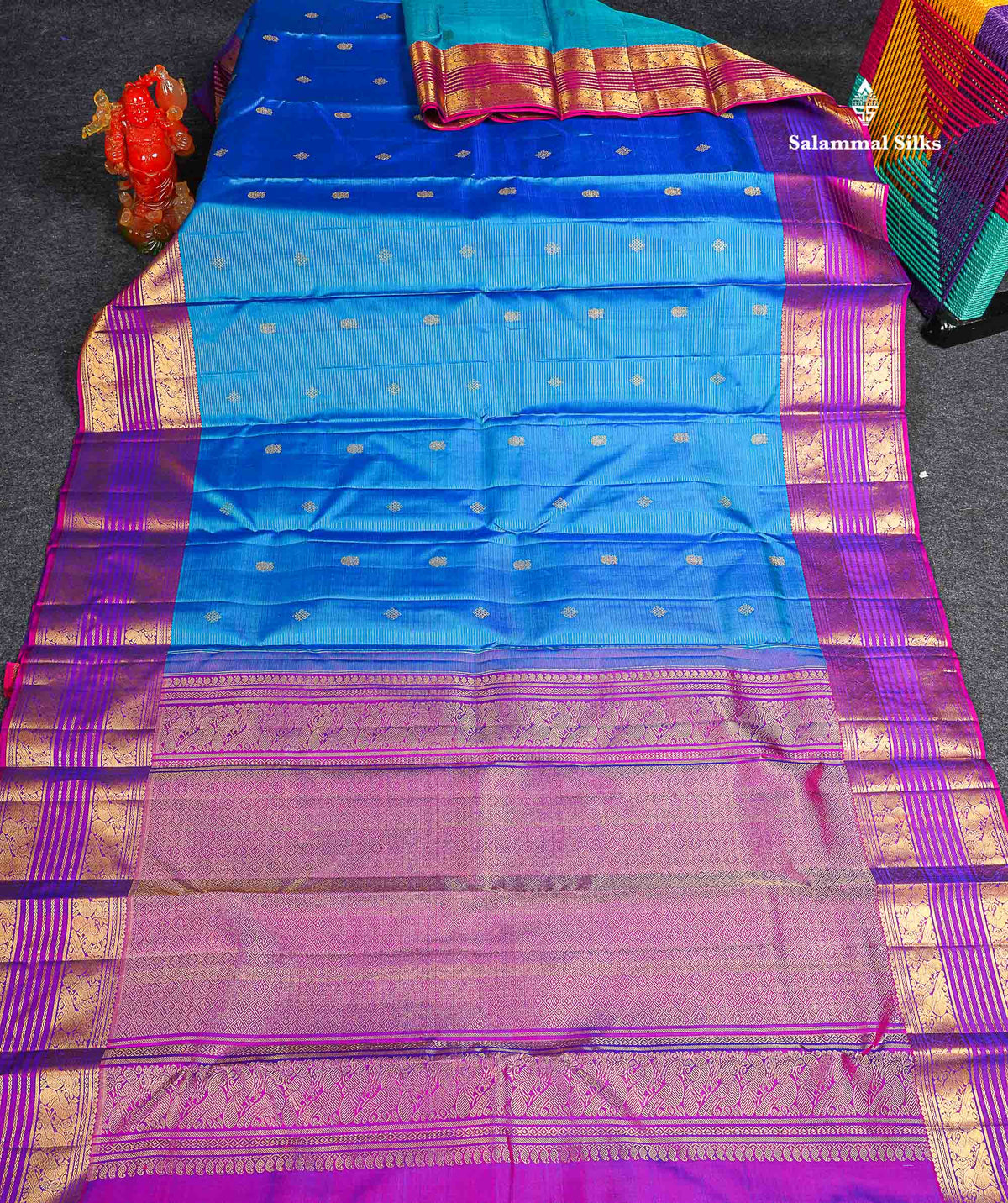 Pure Kanjivaram Silk Saree - Peacock Blue Colour Body Vaira Oosi Lines With Butta & Contrast Magenta Pink Border