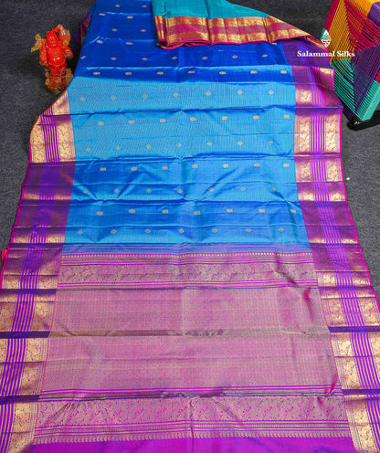 Pure Kanjivaram Silk Saree - Peacock Blue Colour Body Vaira Oosi Lines With Butta & Contrast Magenta Pink Border