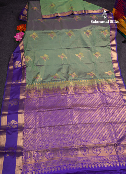 Dual Tone Green Shade Semi Silk Saree With Contrast Violet Border
